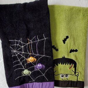 Two Halloween Frankenstein And Spider Hand Towels